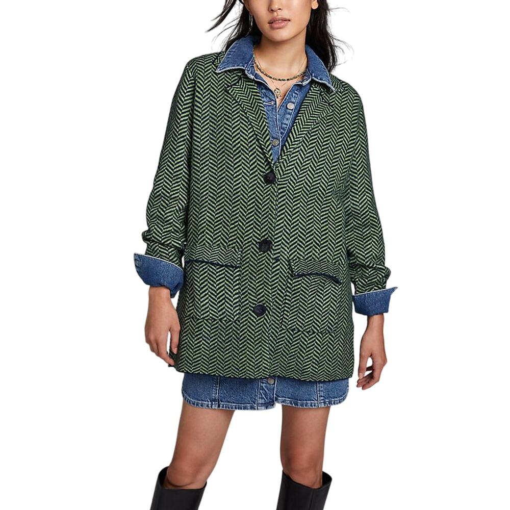 John + Jenn 'Herringbone' Green Acrylic Longline Blazer Size S / P